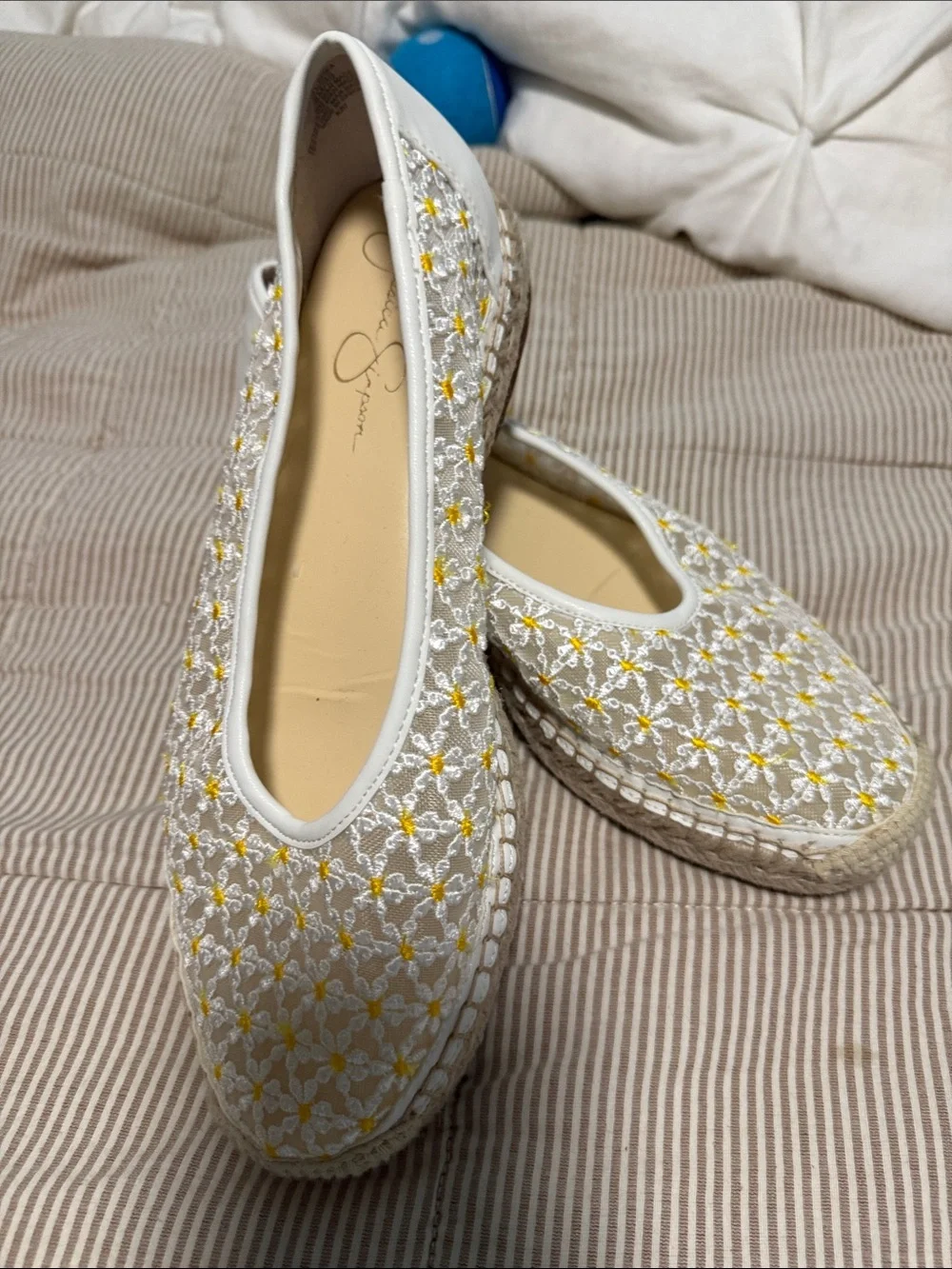 Jessica Simpson White Espadrille Flats with Yellow Floral Embroidery